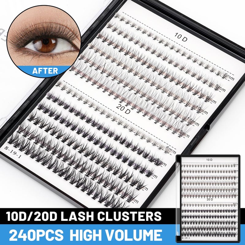 Bodermincer Lash Extension 240pcs C Curl 10D/20D Cluster 8/9/10/11/12mm,10/11/12/13/14mm,12/13/14/15/16mm Mixed Individual Cluster Lashes (10D+20D 8/9/10/11/12mm and Under Eyelashes) - Image 2